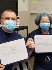 Dan Marino, RN (left), nurse manager, PACU, and Mindi Nahoum, RN, nurse manager, Interventional Radiology and Cardiac Catheterization Lab
